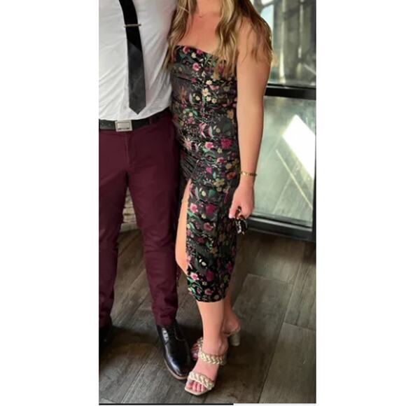 Lulus Make a Move Black Satin Floral Jacquard Strapless Midi Dress Size L - Picture 11 of 13